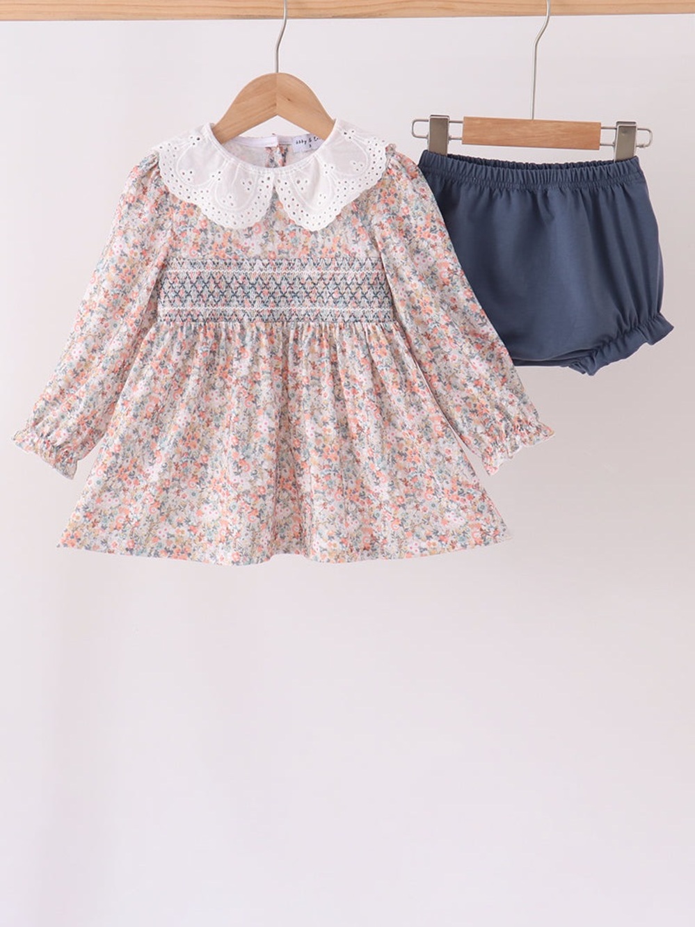 Girls Floral Smocked Dress and Navy Bloomers Set
